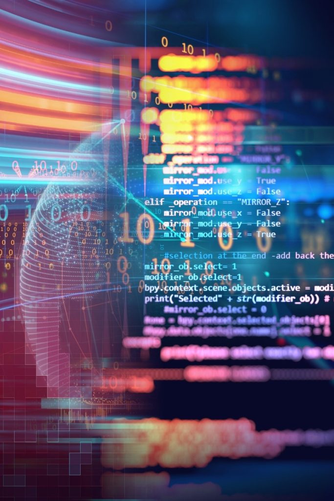 Software code spread across a digital globe