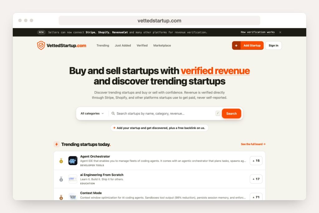 Home page of vettedstartup.com shown in a browser window